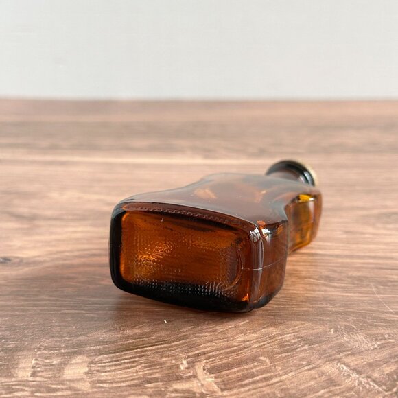 Vintage Crown Colony Guitar-Shaped Amber Glass Bottle With Brass Lid 4 1/2" Tall - Picture 4 of 10